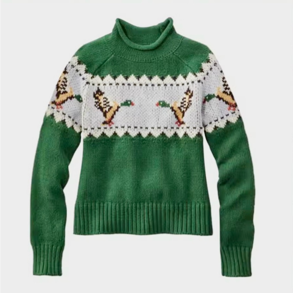L.L. Bean Green and White Roll neck Sweater with Duck Design